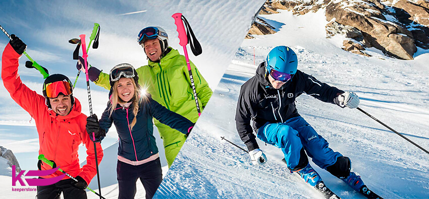 Парни и девушки на лыжах с горнолыжними палками